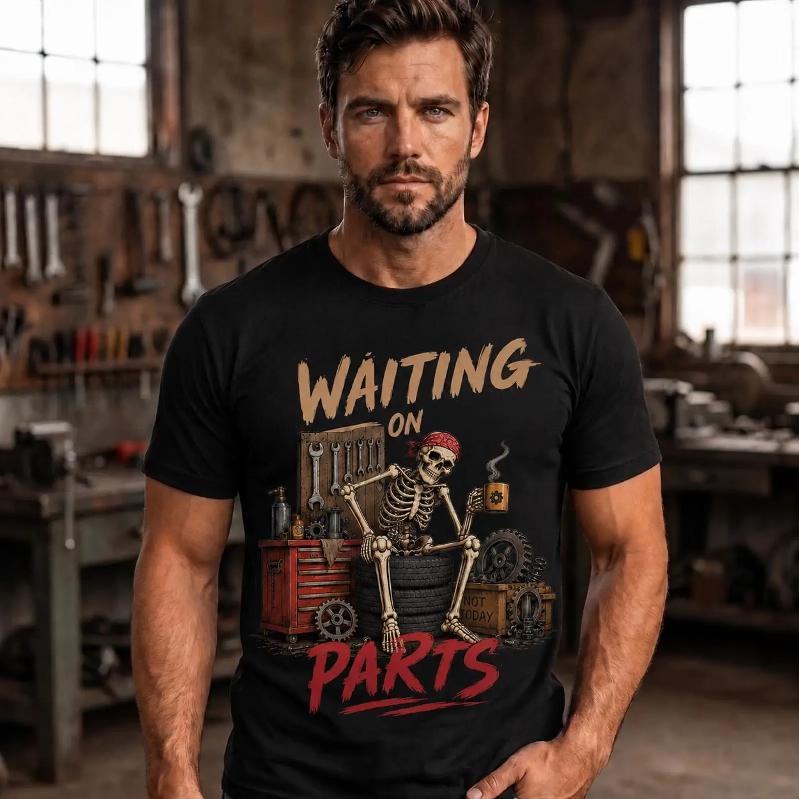 Men'S Fashion Garage - Czekam na części. Zabawny humor garażowy.